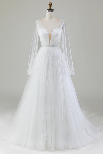 Vestido de novia de tul plisado con escote en V marfil y manga larga